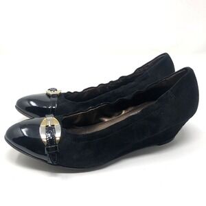 AGL Slip On Wedge Shoe Womens 9 EU 39 Black Suede Patent Leather Toe Classic